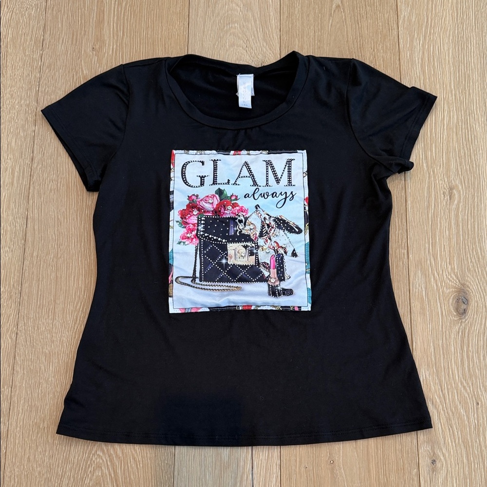 Black Graphic Tee with Glam Print